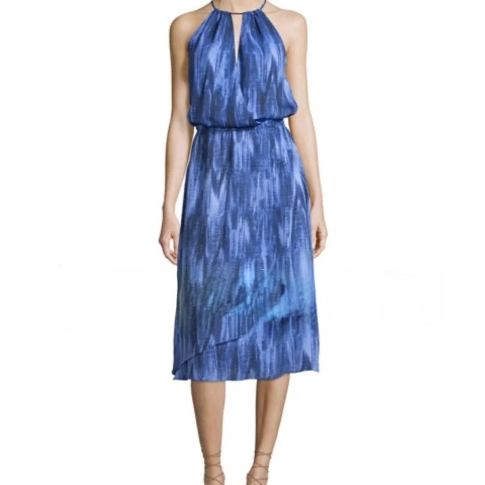 Michael Kors Halter Midi Dress 8 Coral Orange Beige Abstract Faux Wrap NWT